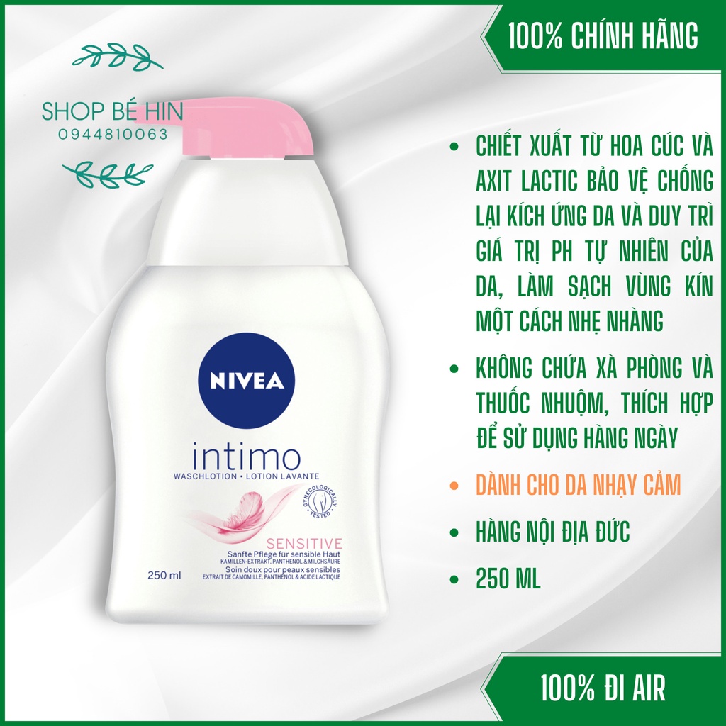Dung dịch vệ sinh Nivea Intimo Đức đặc biệt dịu nhẹ và không gây kích ứng da, mùi thơm dễ chịu, không chứa xà phòng