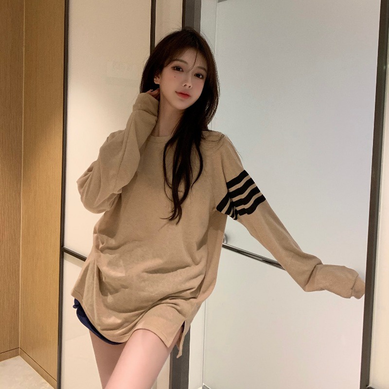 (ORDER) Áo thun nữ dài tay mỏng mùa thu tay phối viền 3 sọc suông rộng style thể thao cá tính Hàn Quốc