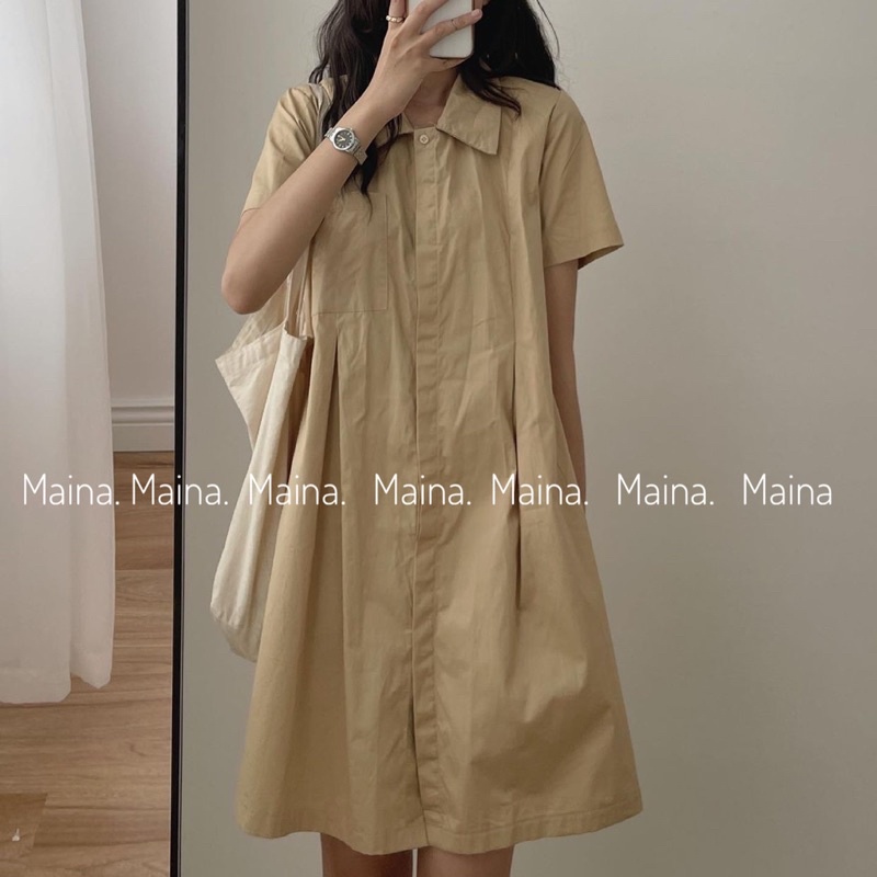 sẵn Váy polo túi ngực - Váy sơ mi basic hai màu trắng be