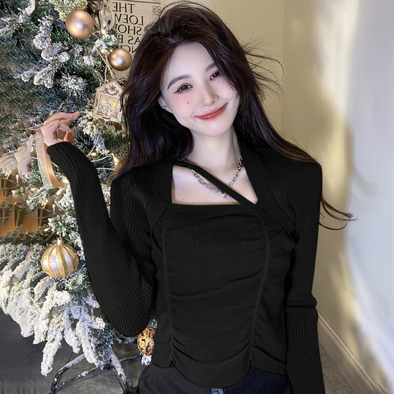 Áo Sweater Dệt Kim Tay Dài Cổ Vuông Màu Sắc Đơn Giản Phong Cách Hàn Quốc Thời Trang Cho Nữ