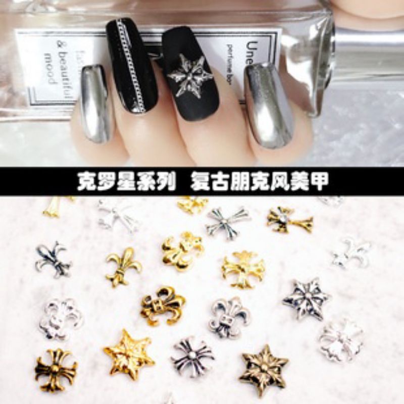 Charm nail 1k 1 viên mẫu ngẫu nhiên set 10v mẫu thánh giá, charm bạc đồng,cổ điển..