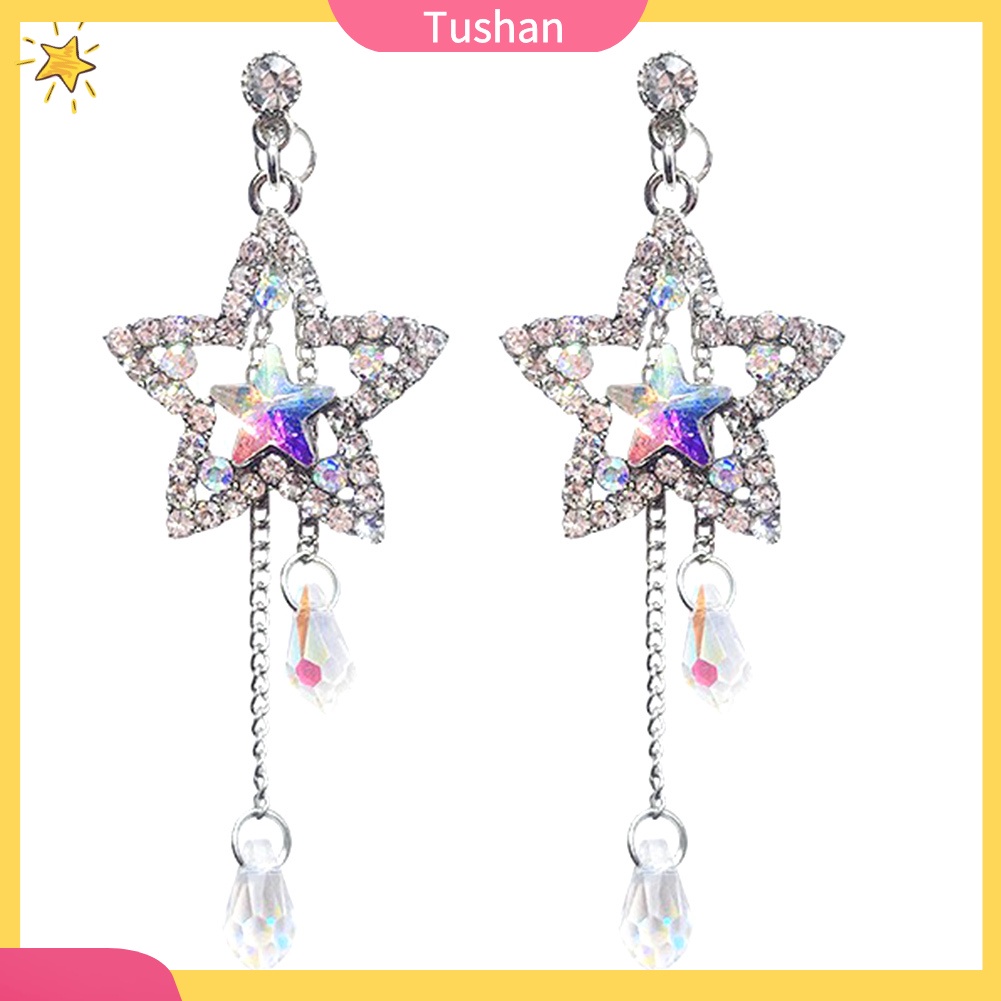 TUSH_Party Women Shiny Rhinestone Inlaid Star Long Tassel Drop Dangle Stud Earrings