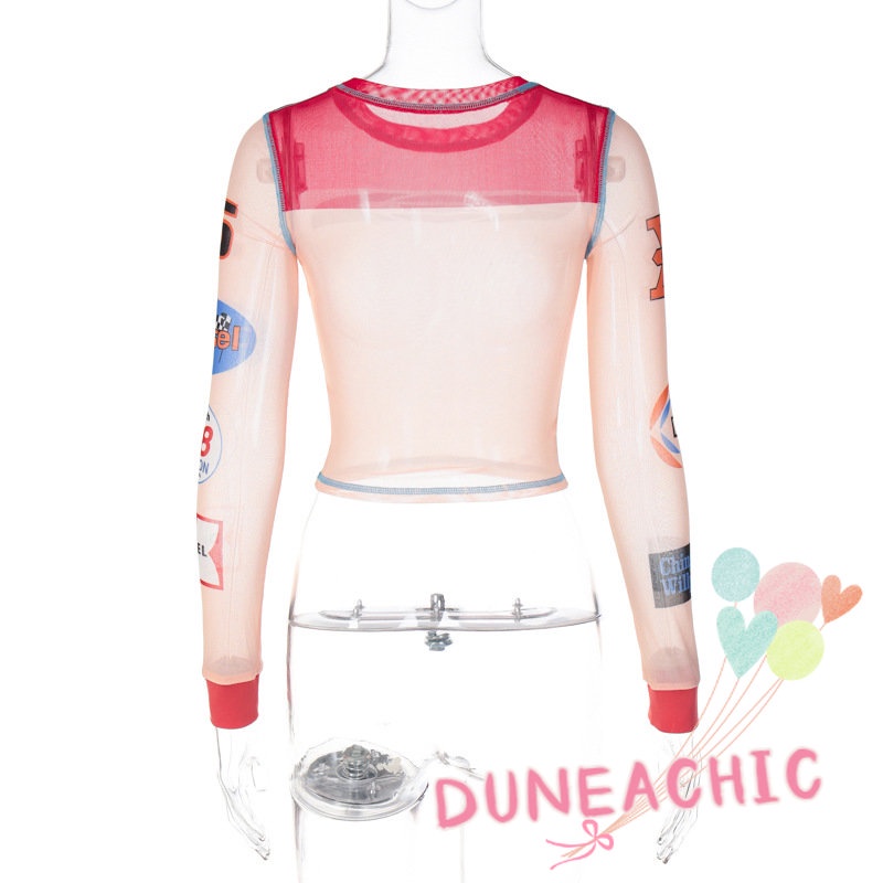 DUNEA Áo Thun Tay Dài Phối Lưới Xuyên Thấu In Họa Tiết Thời Trang Cho Nữ