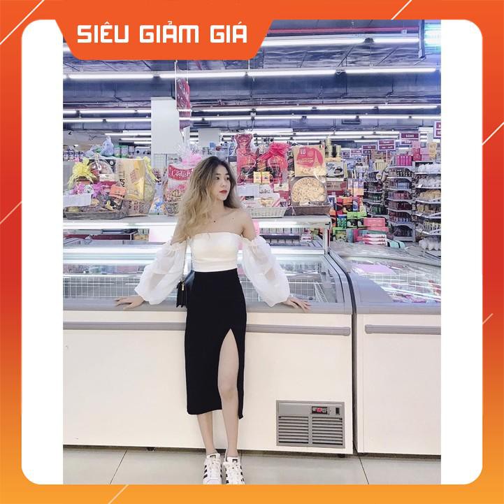 SET ÁO TRỄ VAI TAY BỒNG RỜI TRẮNG MIX CHÂN VÁY XẺ TÀ TUYẾT MƯA ĐEN ULZZANG - Hàn nhâp khẩu