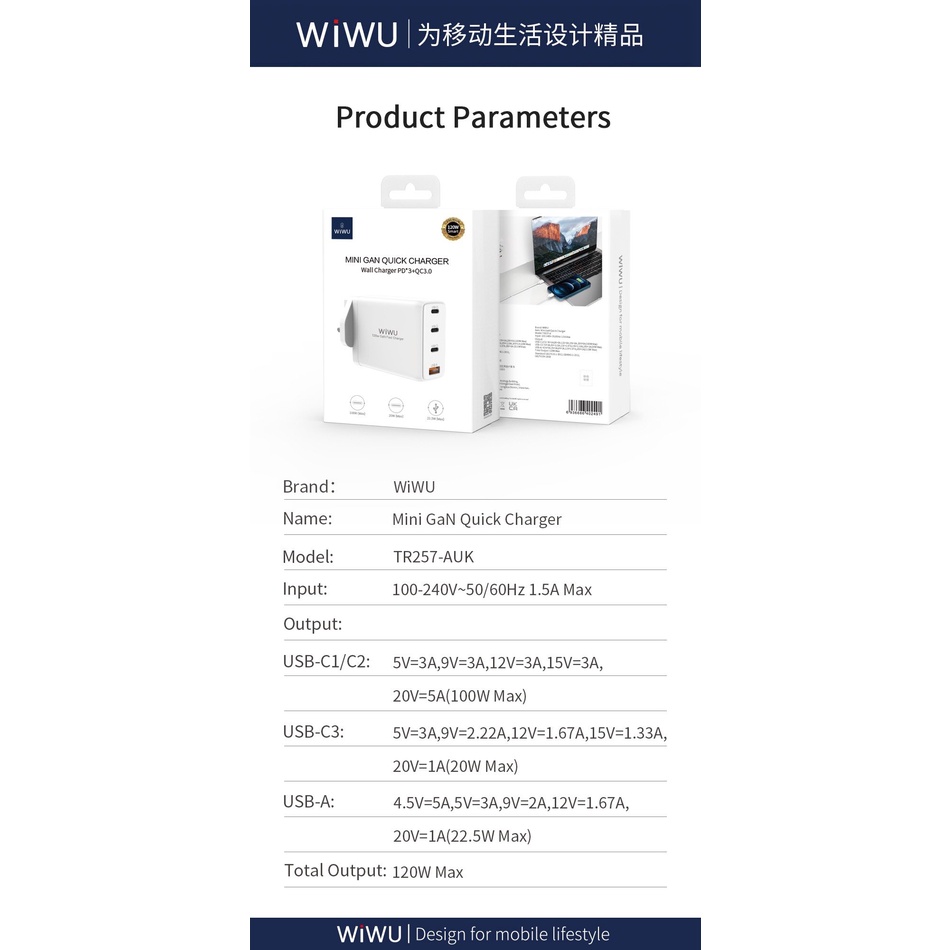 Củ Wiwu Mini Gan Quick TR257- A Công suất cao 120W, sạc laptop, máy tính bảng, điện thoại di động - Hàng chính hãng