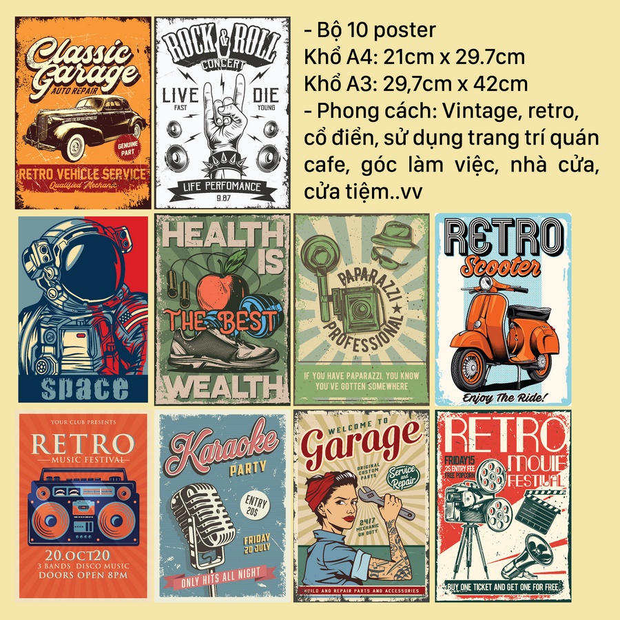 Bộ 10 tấm poster vintage trang trí, lột dán, áp phích retro dán tường khổ a4 thiết kế cổ điển Phần 1