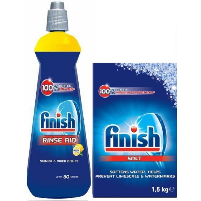 Combo Nước làm bóng sấy khô Finish 400ml + Muối làm mềm nước Finish 1,5kg + Tặng 3 viên Finish