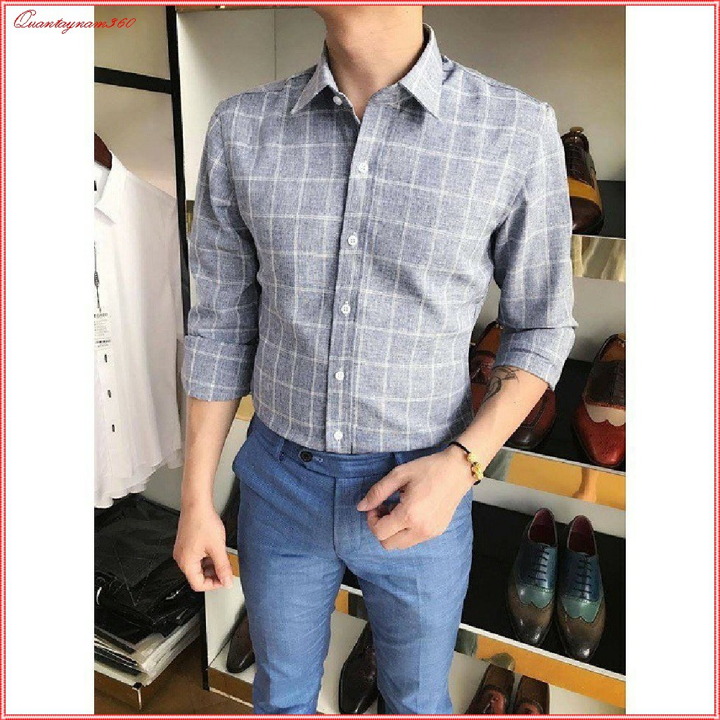 Sơ mi công sở  dài tay, Sơ mi nam chất đũi dày dặn họa tiết kẻ ca rô | BigBuy360 - bigbuy360.vn