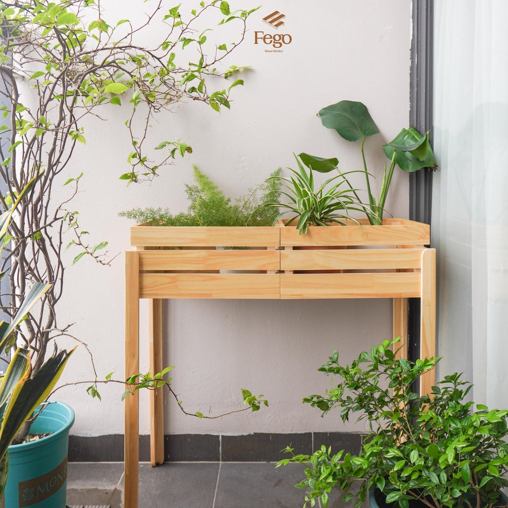Kệ đựng cây cảnh ngoài trời gỗ thông tự nhiên FEGO decor, trang trí ban công