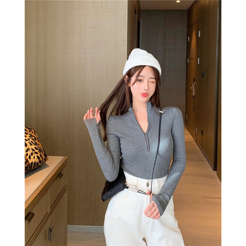 QKOOLE  Áo thun tay dài cổ cao có khóa kéo thời trang Hàn Quốc trẻ trung dành cho nữ