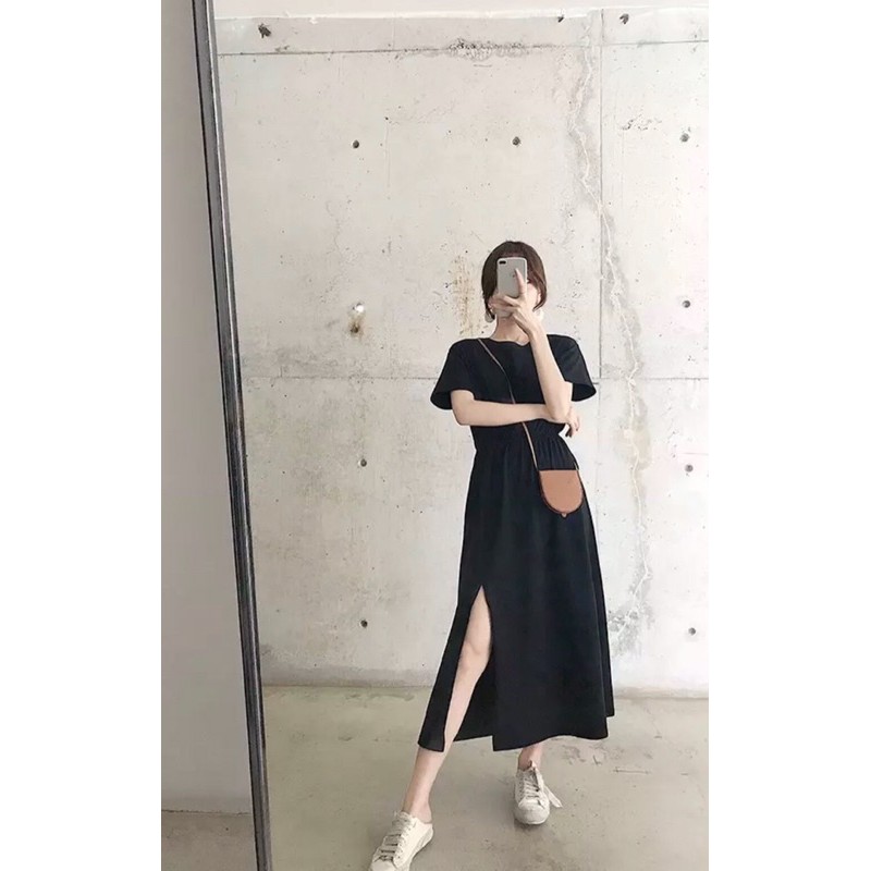 Váy cotton nhúm bụng xẻ 3 màu | BigBuy360 - bigbuy360.vn