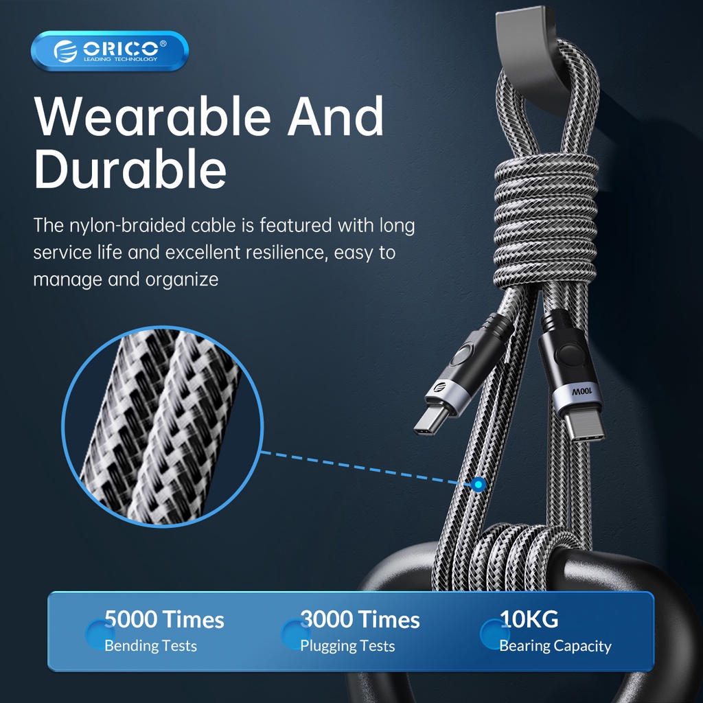 Dây sạc nhanh ORICO USB C sang cổng Type C PD100W thích hợp cho laptop macbook Huawei Xiaomi