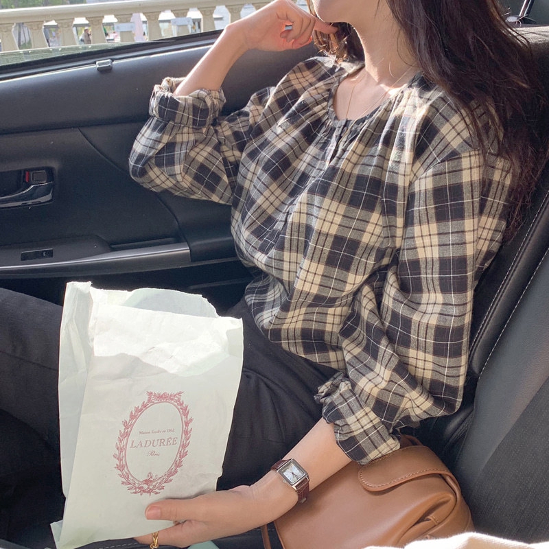 Áo kiểu tay dài họa tiết sọc caro phong cách retro thời trang Hàn Quốc