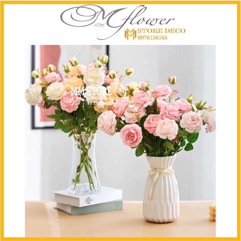Hoa hồng lụa cao cấp 2 hoa 1 nụ 60cm Hoa lụa cao cấp- trang trí nhà cửa- sự kiện