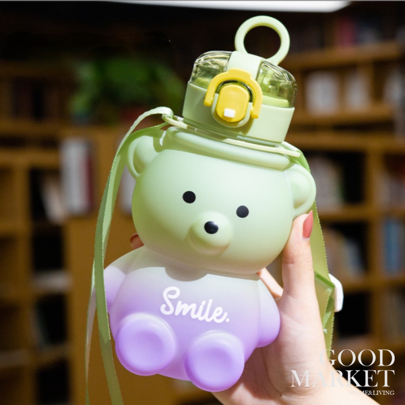 Bình Nước Thể Thao 800ml Bằng Nhựa Màu Hồng In Họa Tiết Dễ Thương Có Ống Hút Và Dây Đeo Cho Bé Gái