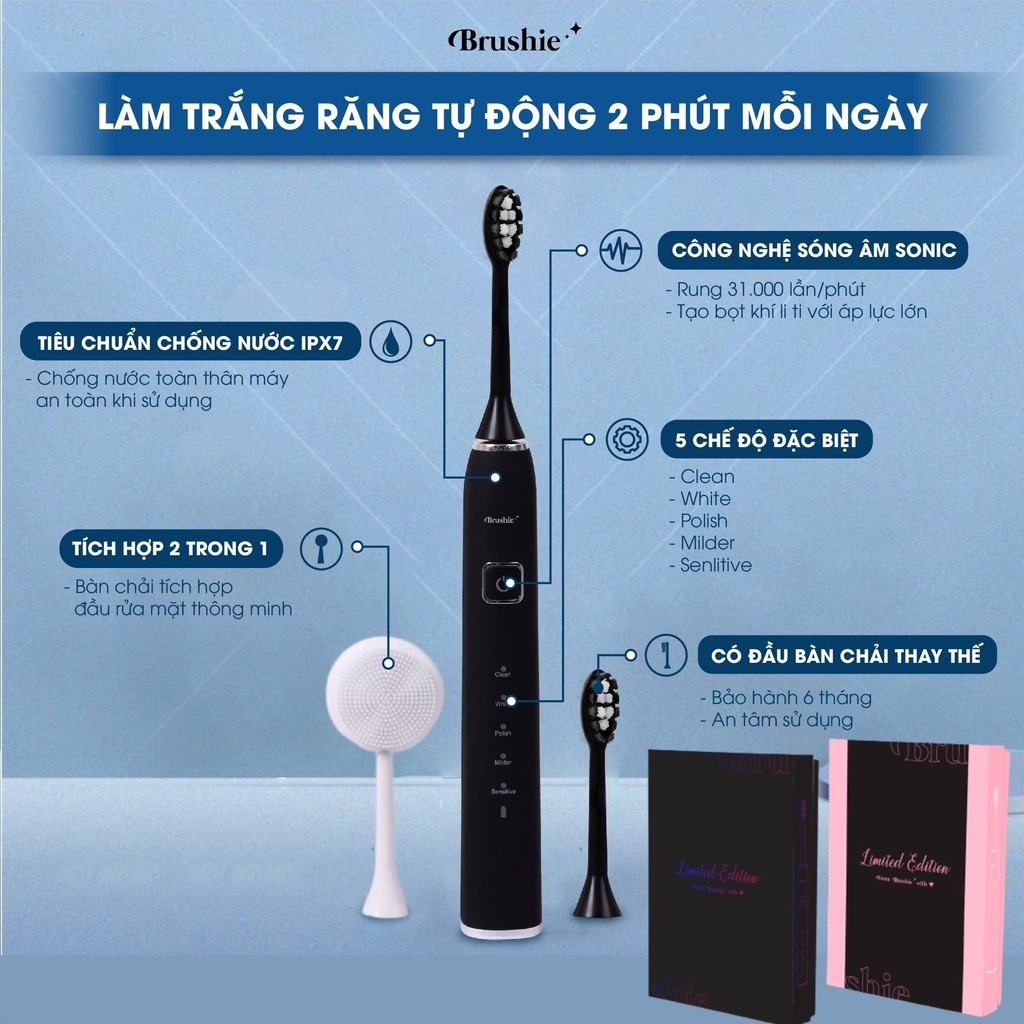 [Bản Cải Tiến+3] BRUSHIE Bàn Chải Điện x Máy Rửa Mặt 5in1, sóng âm SONIC phù hợp mọi loại răng/da nhạy cảm-Chính Hãng