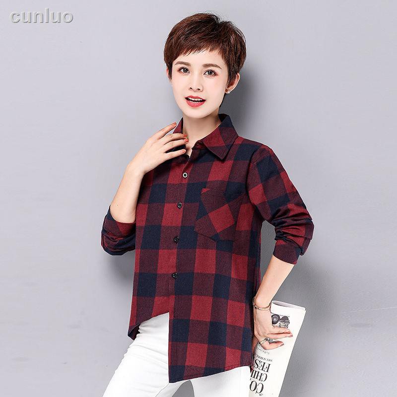 Áo Sơ Mi Sọc Ca Rô Vải Cotton Thời Trang Xuân Thu Mới Cho Nữ Trung Niên 40-50 Tuổi