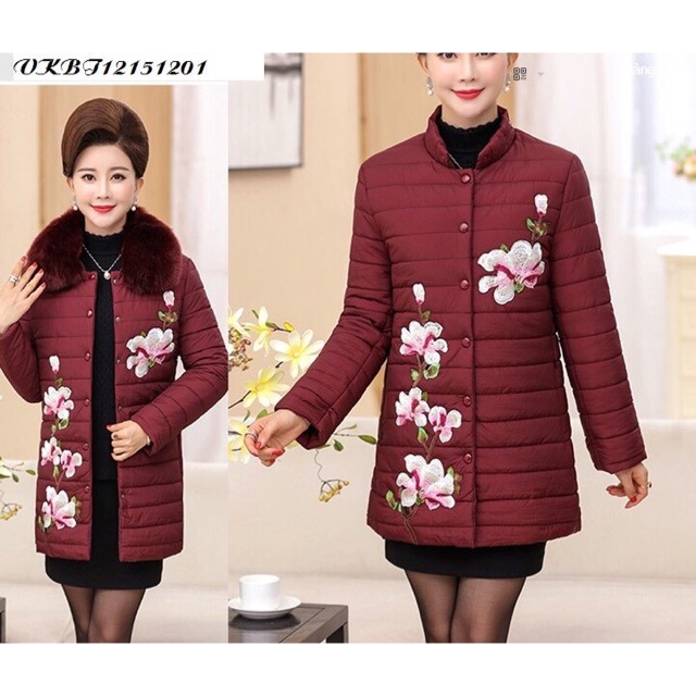 Áo phao cổ lông dáng dài thêu hoa cho mẹ