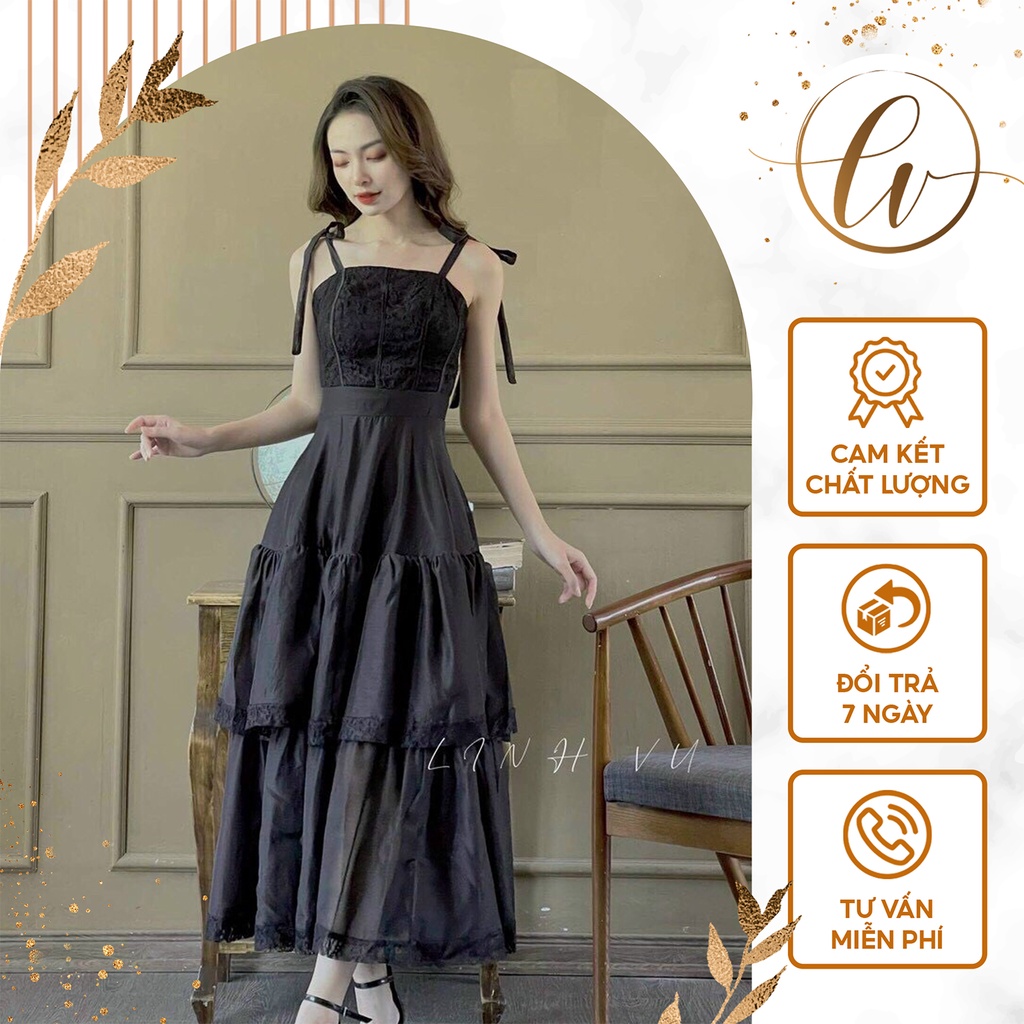 Váy 2 dây chân bồng chất vải lụa phối ren thời trang - LL017