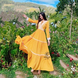 HOANGYEN - Sun Dress đầm tay dài viền ren bohemian voan vàng