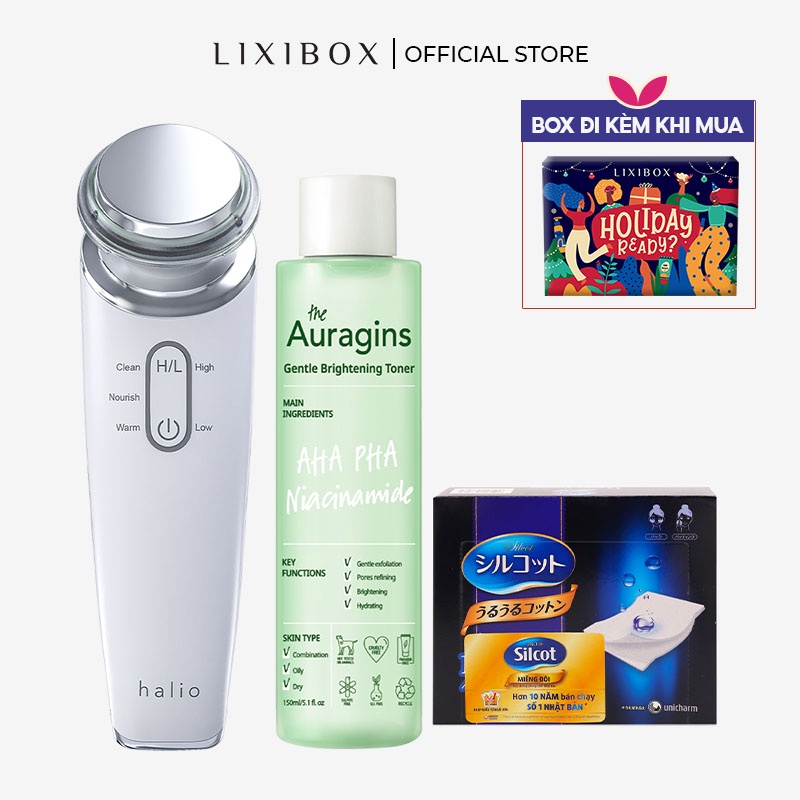 Box Sáng Da Mờ Thâm (Máy Đẩy Tinh Chất Dưỡng Trắng Halio Ion, Nước Cân Bằng The Auragins 150ml, Bông Tẩy Trang Silcot) | BigBuy360 - bigbuy360.vn