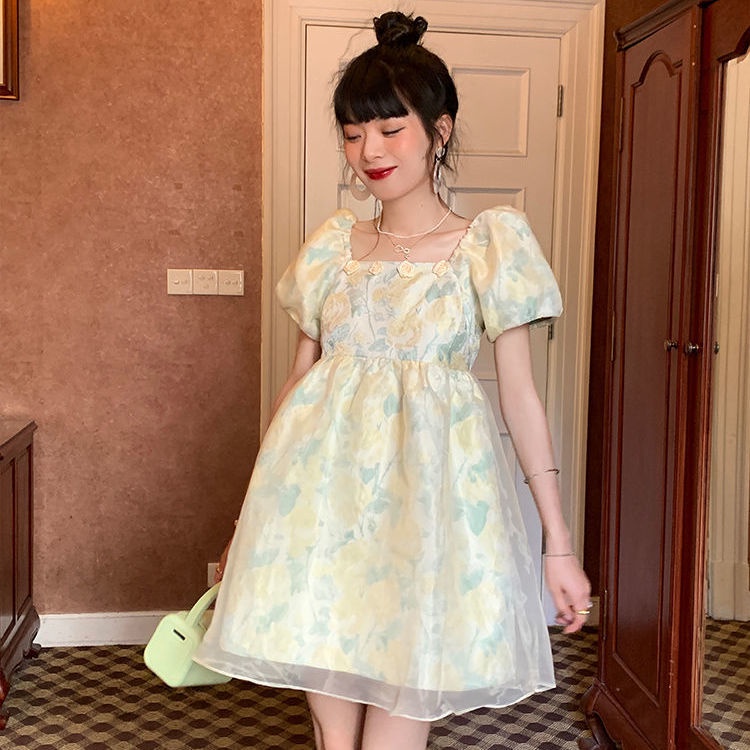 Đầm Công Chúa Tay Phồng Cổ Vuông In Họa Tiết Hoa Kiểu Pháp Xinh Xắn Cho Nữ
