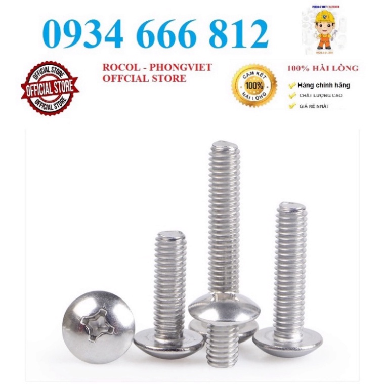 50c vít pake đầu dù thân bulong INOX 304 M3, M3X6, M3X8, M3X10,M3X12, M3X16, M3X20