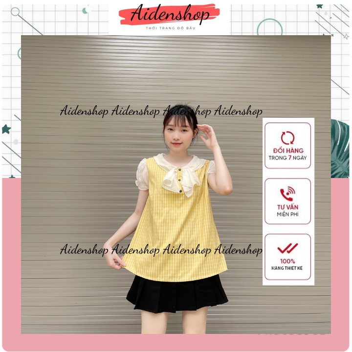Áo bầu công sở thiết kế cổ nơ tay cộc kẻ sọc chất lụa mát đẹp mùa hè freesize