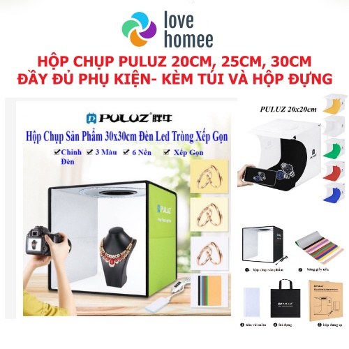 Hộp Chụp Hình Sản Phẩm PULUZ 20cm, 25cm, 30cm, 40cm đèn Led siêu sáng, đủ bộ nền, BH 12 tháng