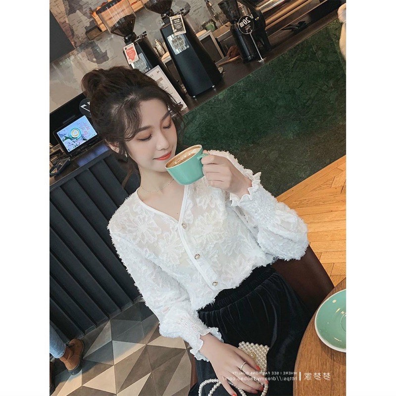 [Bigsiz] Áo sơ mi lông ren đính cúc ngọc
