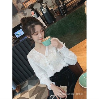 Áo sơ mi lông ren đính cúc ngọc