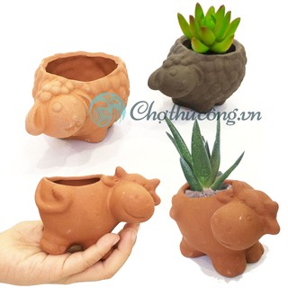 Chậu đất nung MINI chậu bò và cừu có lỗ, nhỏ xinh xắn, vintage làm chậu trồng bonsai, cây cảnh, sen đá, xương rồng