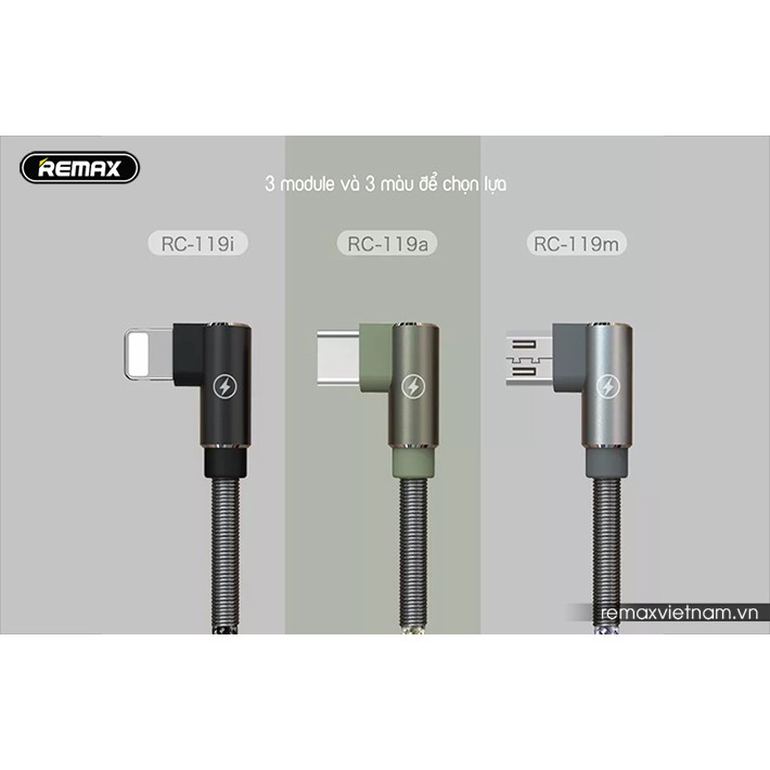 Cáp sạc vải quấn lò xo 2 đầu Micro USB Remax RC-119m, ligthing iphone RC-119i, type C RC-199m