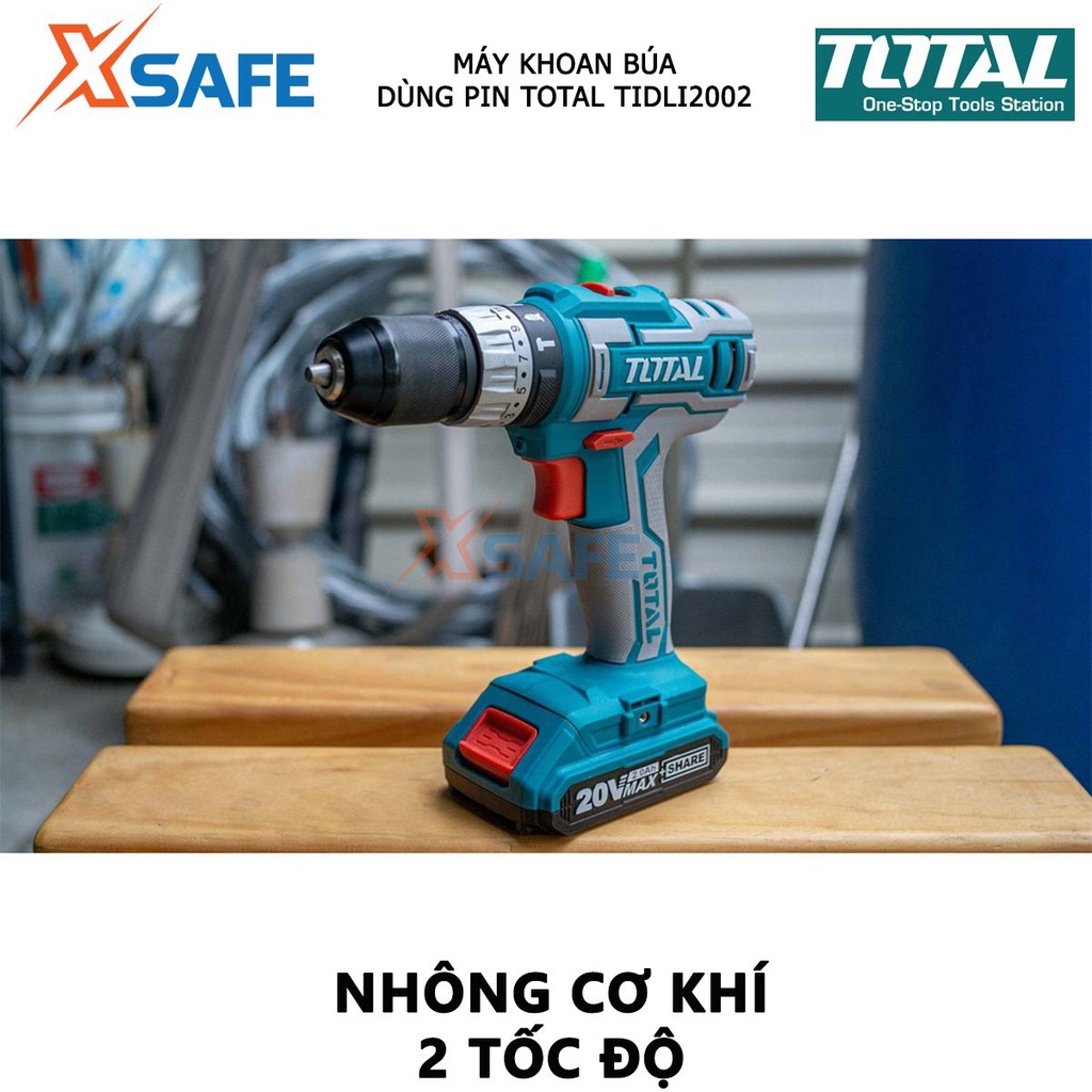 Máy khoan búa pin 20V TOTAL TIDLI2002 nhông cơ khí hai tốc độ, khả năng khoan 0.85- 10mm, đầu khoan khóa tự động - xsafe