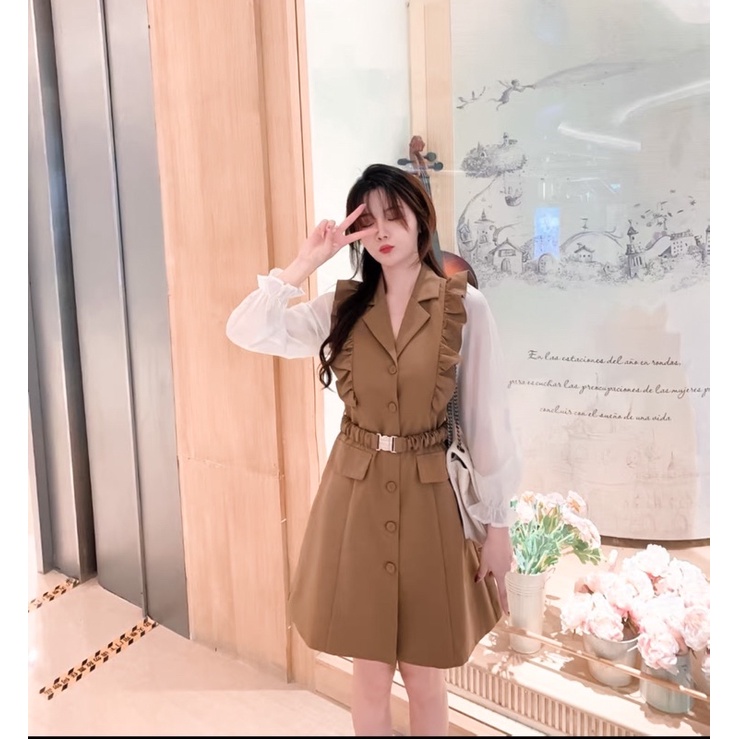 ĐẦM VIỀN TAY BÈO PHỐI 2 MÀU NÂU - ĐEN