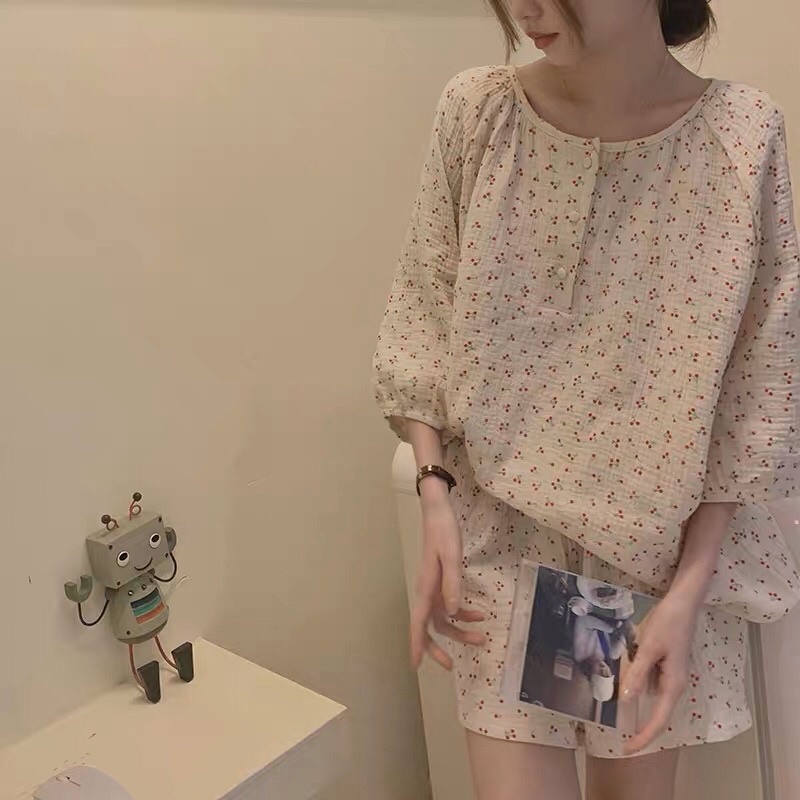 ( CÓ SẴN ) Đồ ngủ pyjama nữ ngắn xô muslin hoạ tiết cherry | BigBuy360 - bigbuy360.vn