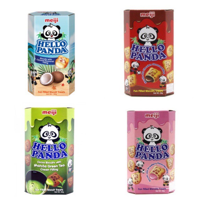 Bánh gấu Hello Panda Meiji đủ vị, Vị Dừa, Vị kem sữa, Vị matcha, Vị Socola, Vị dâu, Vị kem socola