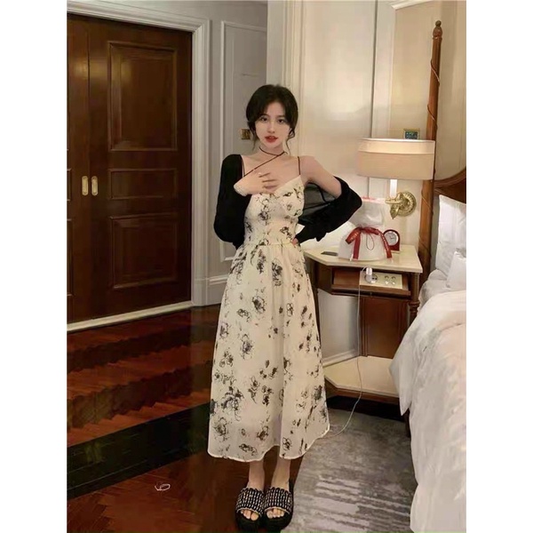 SET ĐẦM MIDI 2S BÚN HOA NUDE CỘT EO +  KHOÁC ĐEN