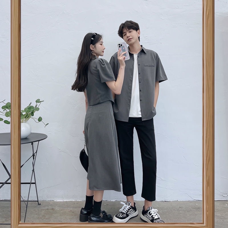 Set đồ đôi nam nữ màu xám cá tính thời trang hàn quốc 2022 KATE COUPLE
