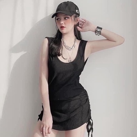 [ Ảnh thật ] Đầm 2 dây rút eo - đầm body hở lưng rút eo
