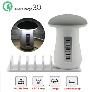 Củ Sạc 5 Cổng USB Kiêm Đèn Ngủ Hỗ Trợ Sạc Nhanh Hình Nấm