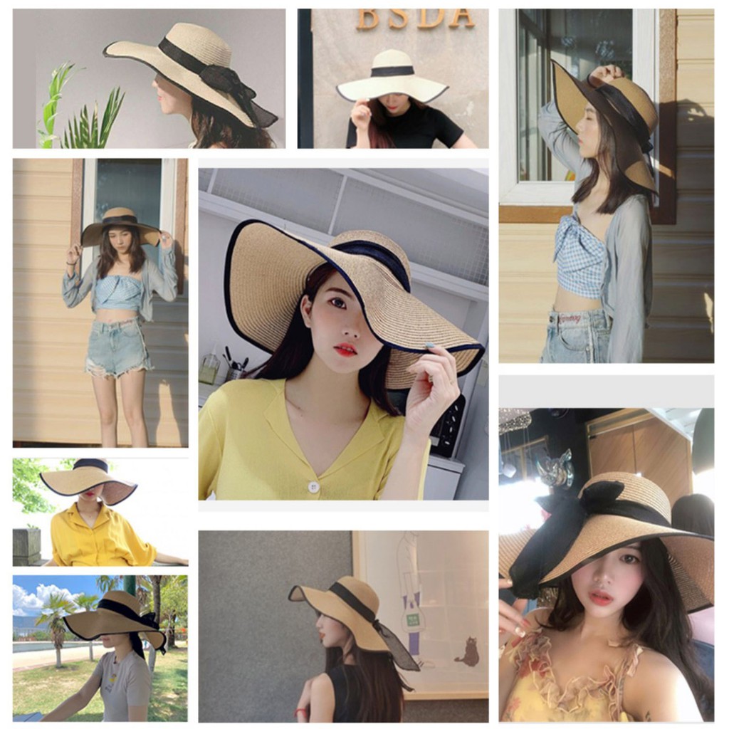 Mũ Cói Rộng Vành Phối Dây Đen P1786