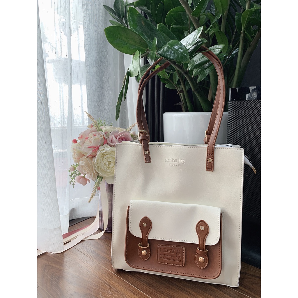 Túi tote bag da phối màu phù hợp đi học , đi làm vừa A4 và laptop - Ảnh thật