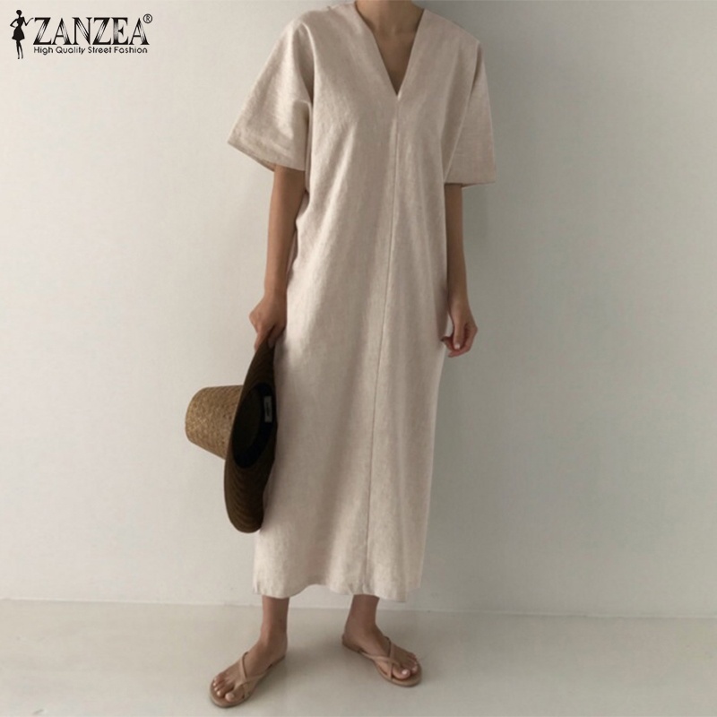 Đầm maxi ZANZEA màu trơn cổ V tay lỡ xẻ tà thời trang cho nữ