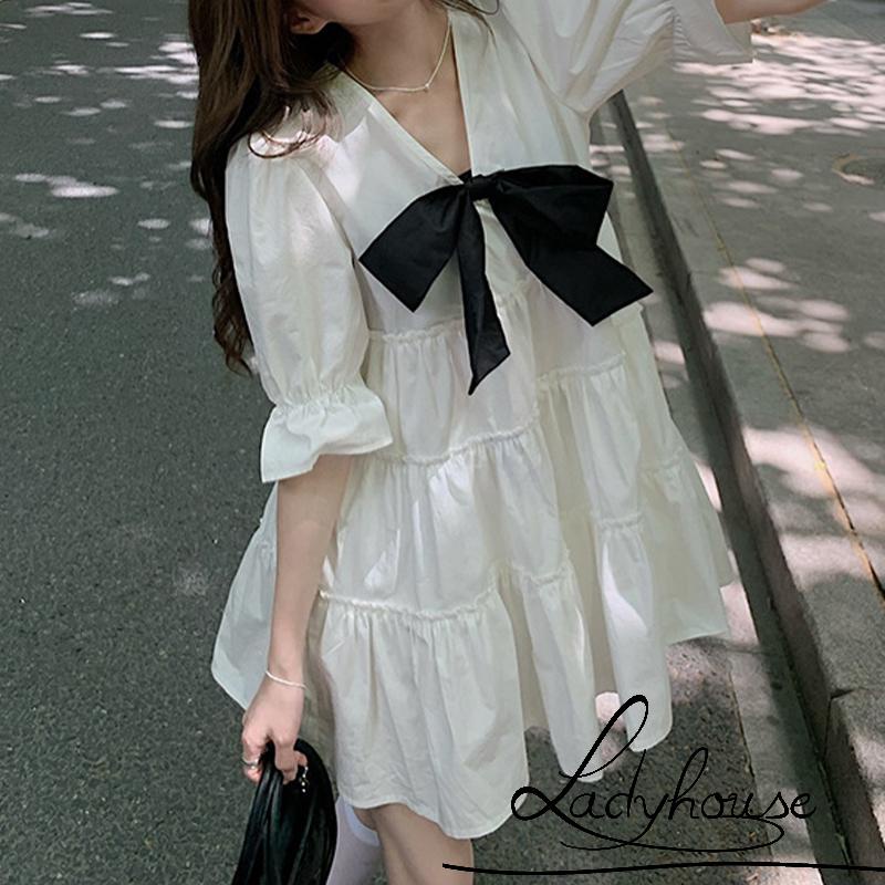 Đầm Dài Đến Khuỷu Tay Có Thắt Nơ Xếp Ly Trang Trí Cho Nữ