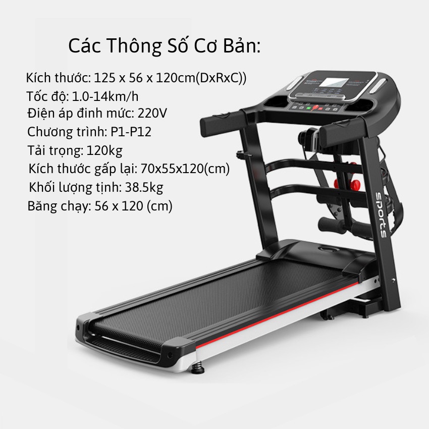 Máy chạy bộ điện đa năng tặng kèm máy đánh mỡ bụng, tạ tay, máy chạy bộ tại nhà tốc độ 14km/h - winwinx