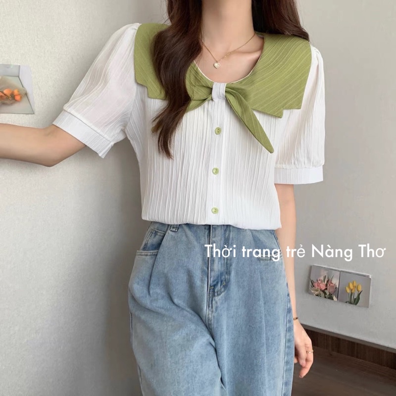 Áo sơ mi phối cổ vải xốp gân siêu dễ thương