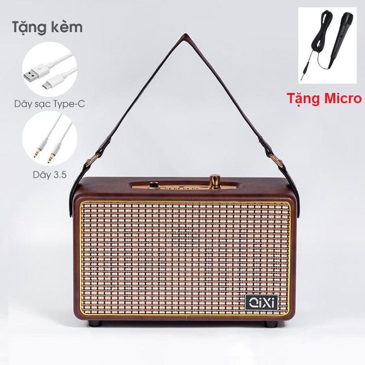 Loa Bluetooth Bọc Da Cao Cấp, Tặng Micro, Chính Hãng Qixi Model Sk2025 - Kiểu Dáng Vintage - Âm Thanh Vòm 360 - Bass Hay
