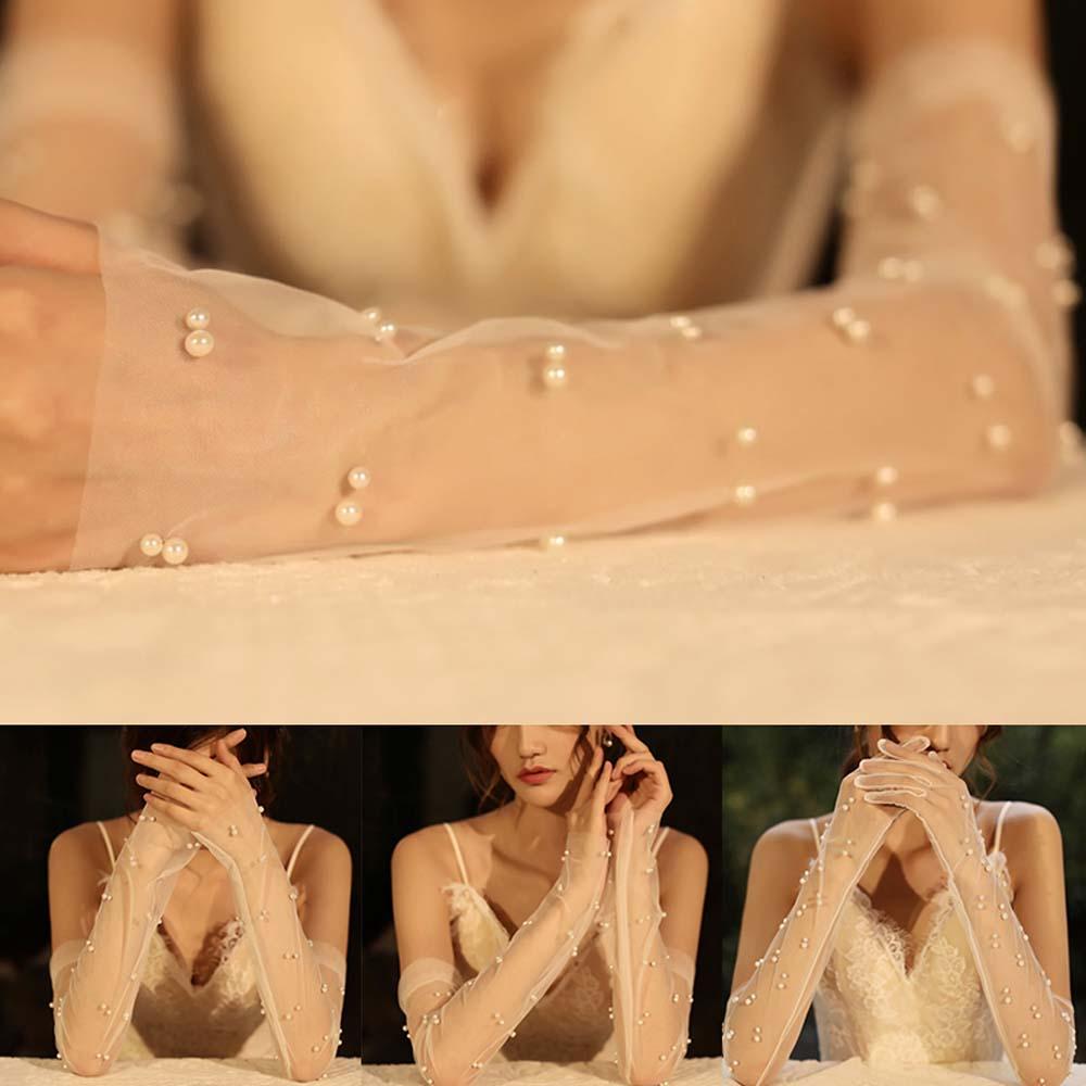 Găng tay hở ngón phối ren đính ngọc trai dành cho cô dâu