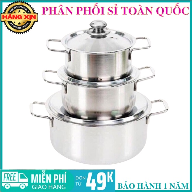 Bộ 3 nồi inox sáng bóng SHARP nắp inox 24cm 18cm 16cm dùng được bếp từ và mọi loại bếp bộ nồi inox chắc